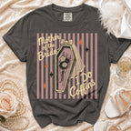 "Mother of the Bride I Do Coffins" graphic t-shirt with coffin and skull design.