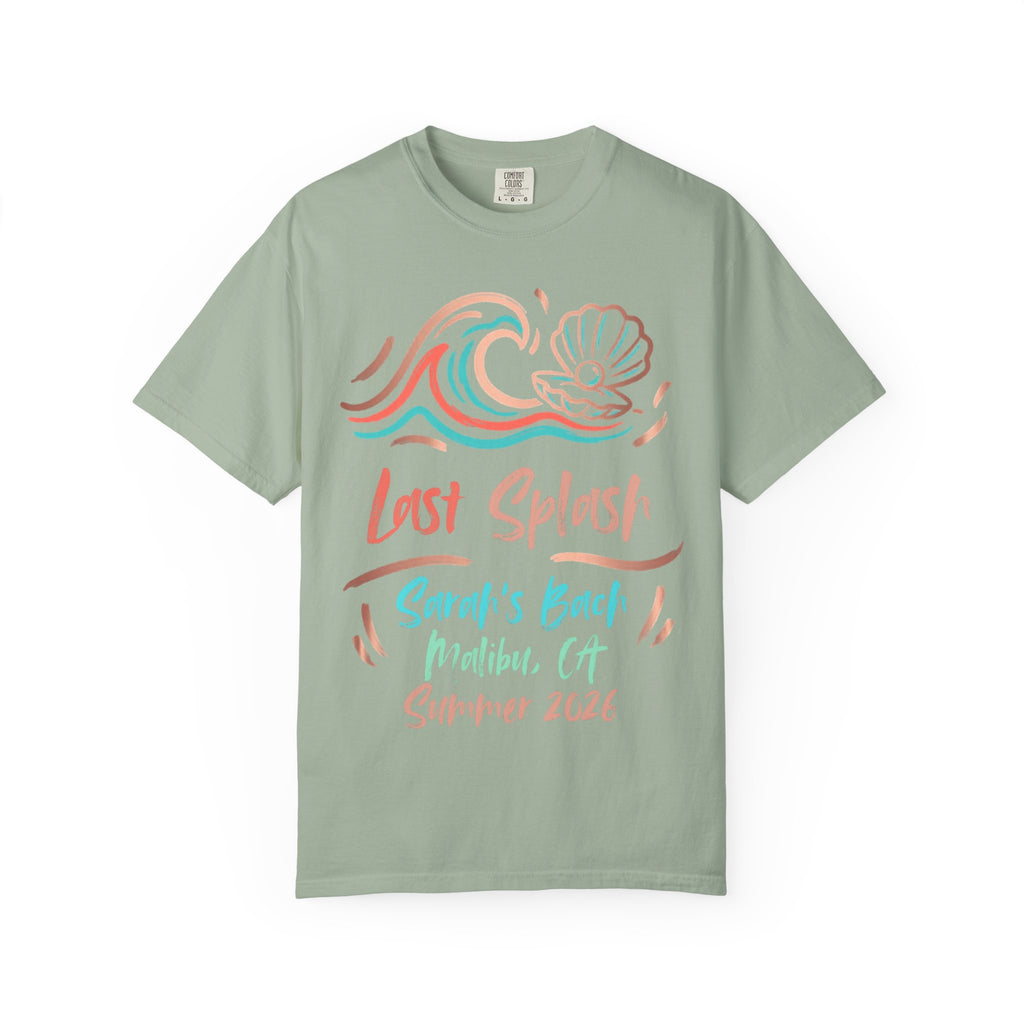 Light green t-shirt with "Last Splash, Malibu, CA Summer 2026" text and wave/shell graphic.