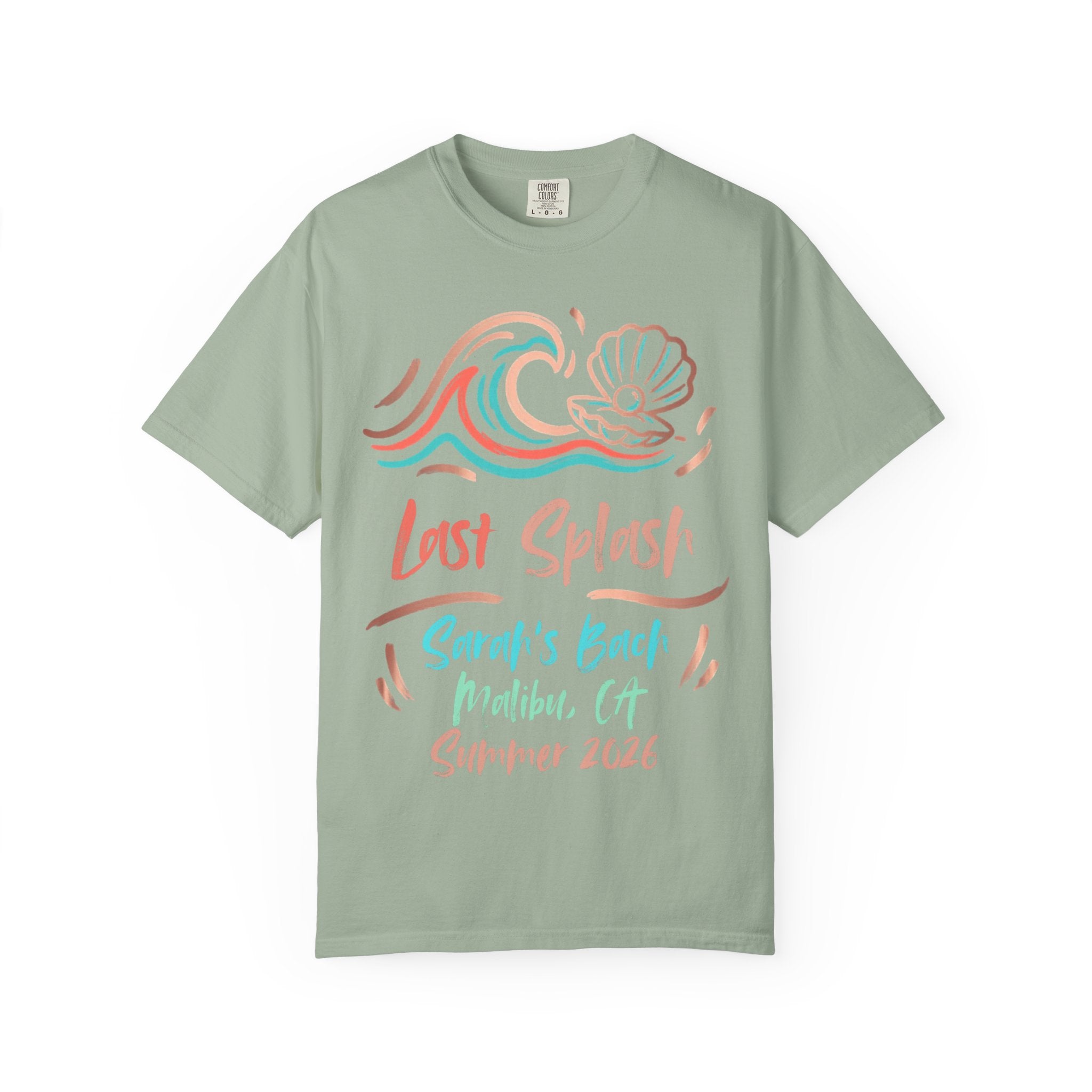 Light green t-shirt with "Last Splash, Malibu, CA Summer 2026" text and wave/shell graphic.
