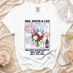 White t-shirt with "Red, White & I Do" and bachelorette details.