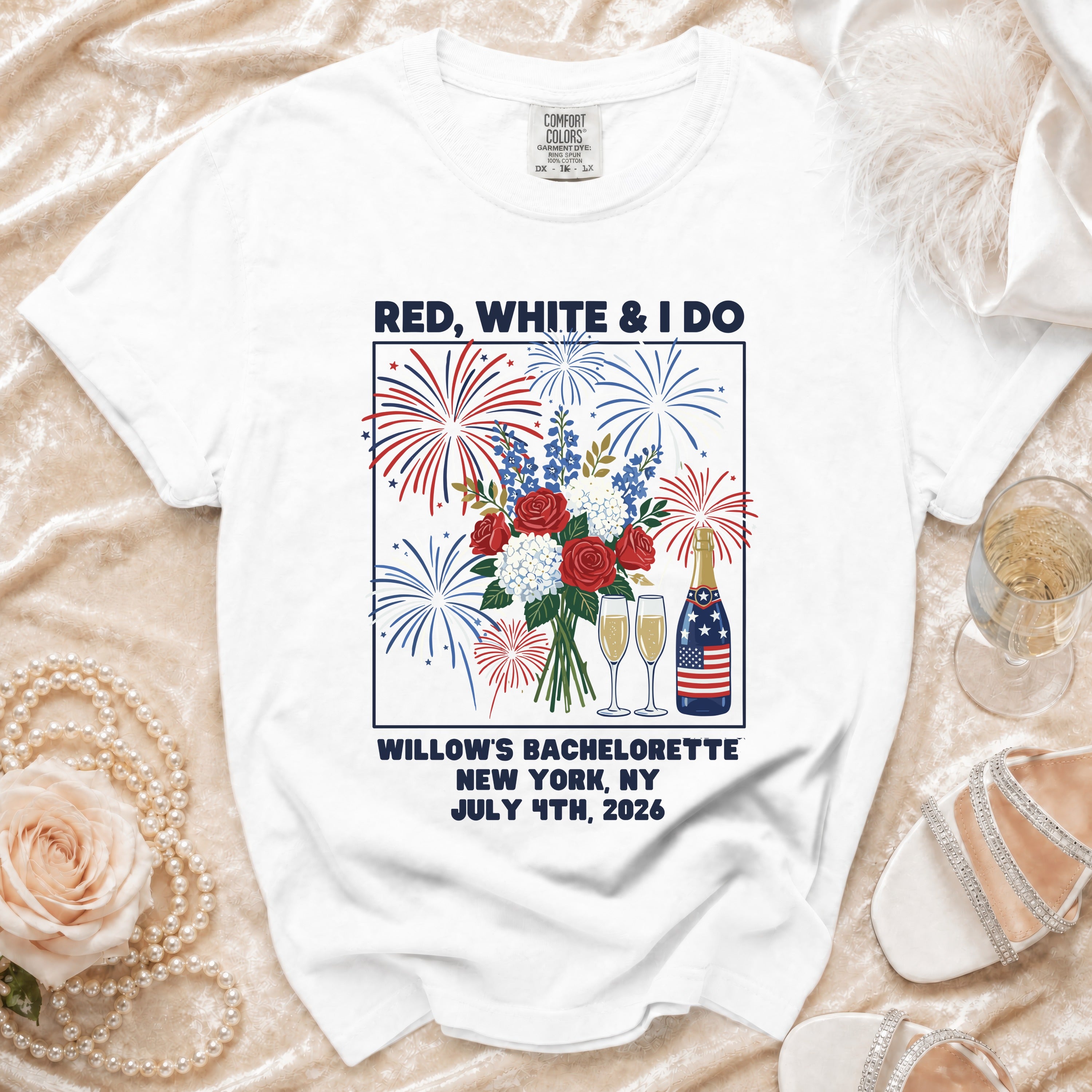 White t-shirt with "Red, White & I Do" and bachelorette details.