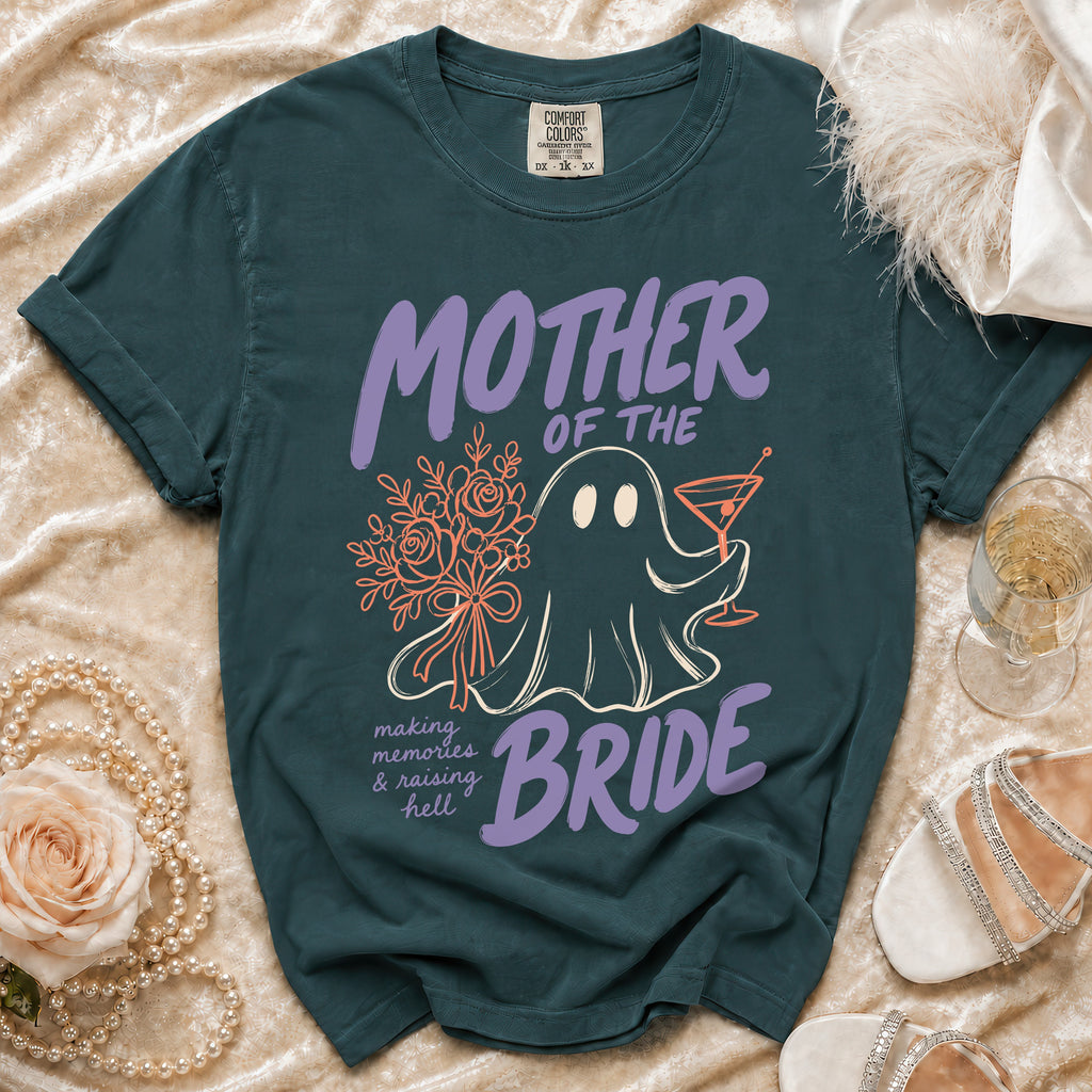 "Mother of the Bride" t-shirt with ghost graphic, flowers, and text.