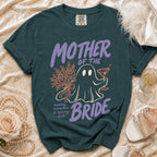"Mother of the Bride" t-shirt with ghost graphic, flowers, and text.