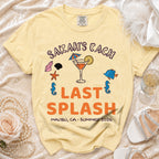 Yellow t-shirt with "Sarah's Bach Last Splash Malibu, CA - Summer 2026" text.