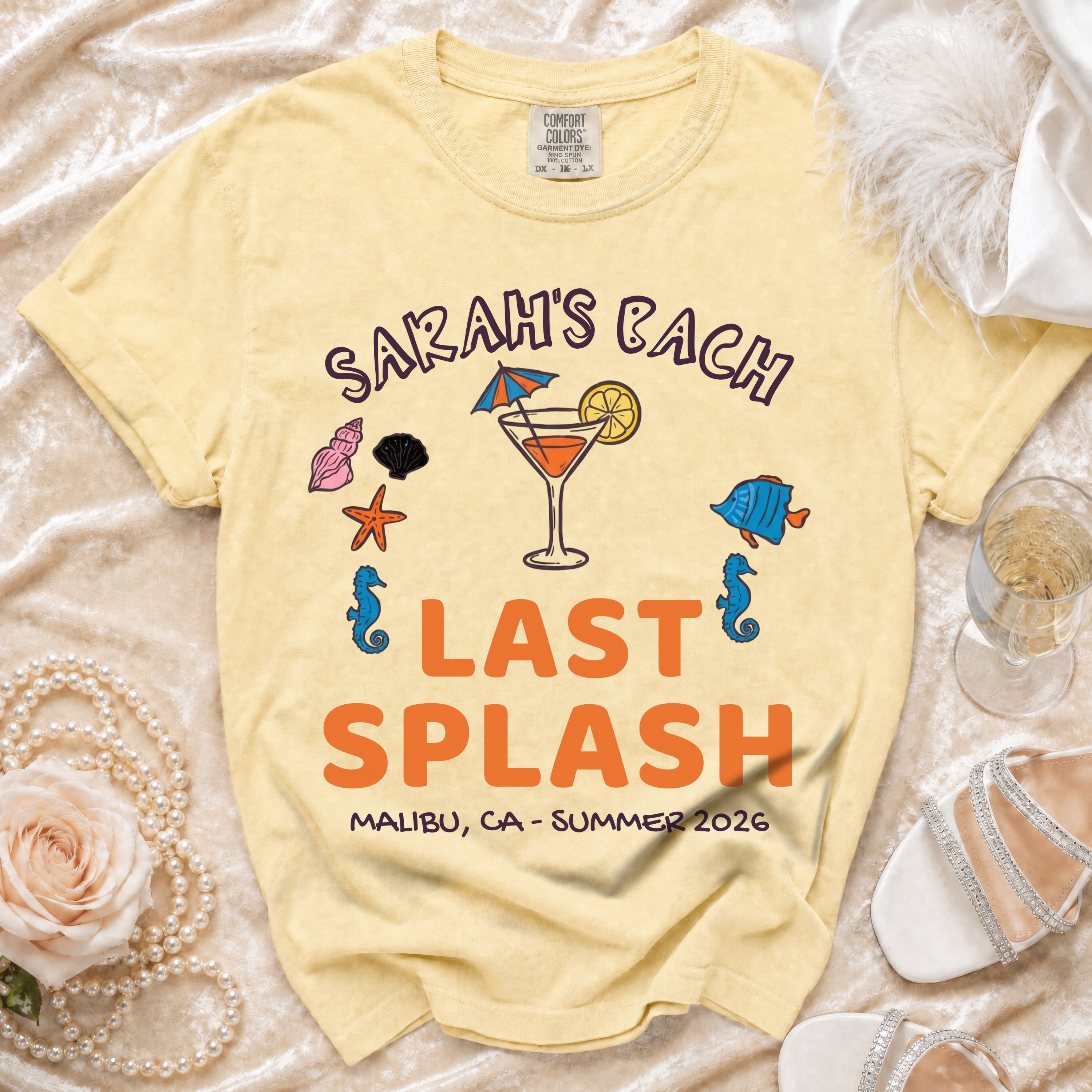 Yellow t-shirt with "Sarah's Bach Last Splash Malibu, CA - Summer 2026" text.
