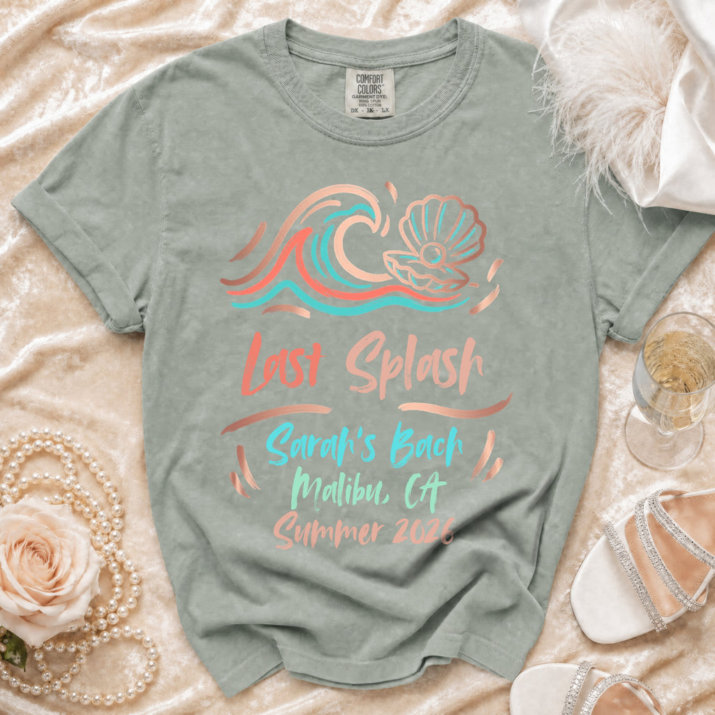 "Last Splash Malibu CA Summer 2020" text on a sage green t-shirt.