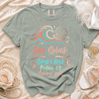 "Last Splash Malibu CA Summer 2020" text on a sage green t-shirt.