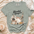 Skeleton bride on couch with text "Haunted Honeymoon" and "Til Death Parties Us".