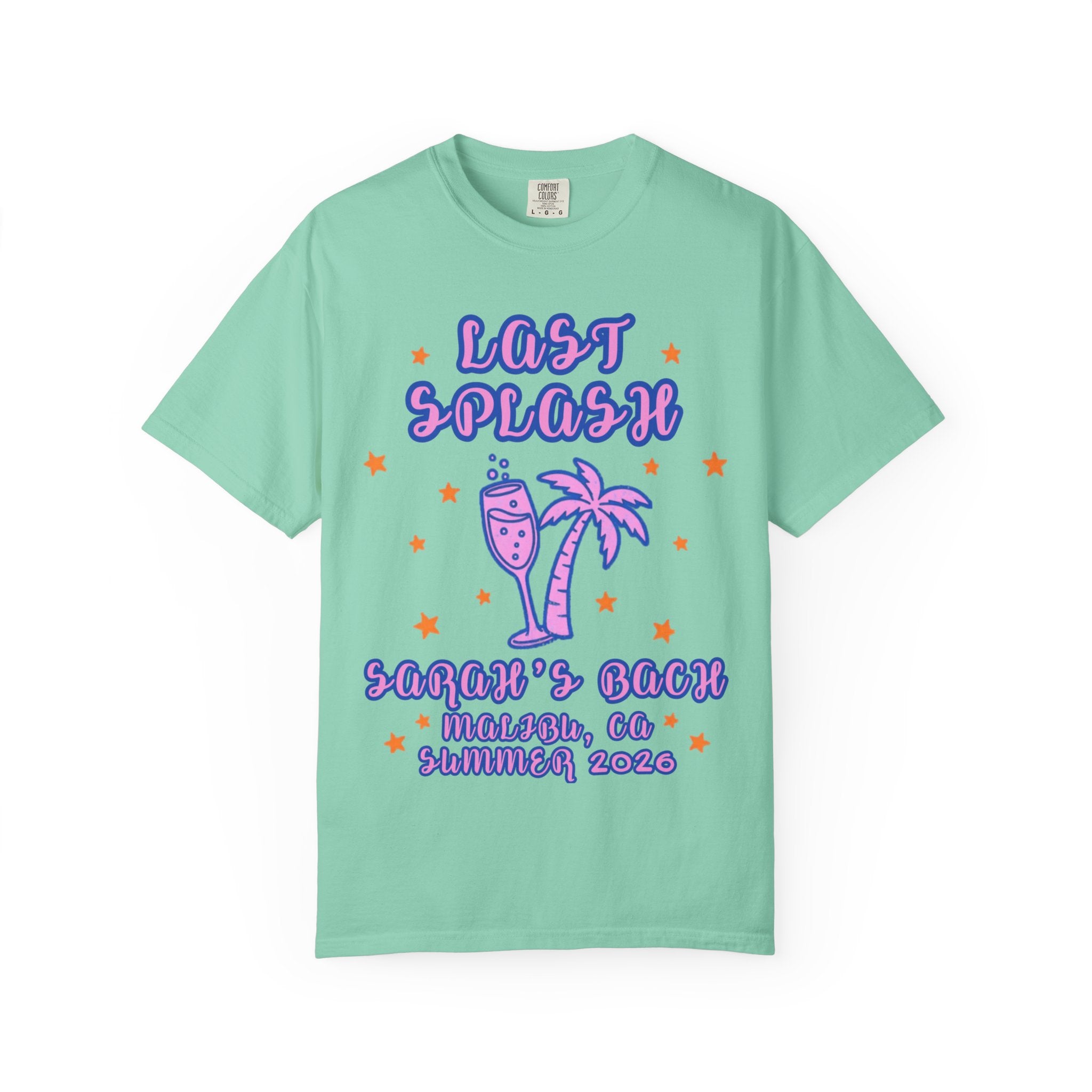 Mint green t-shirt with "LAST SPLASH" and palm tree graphic.