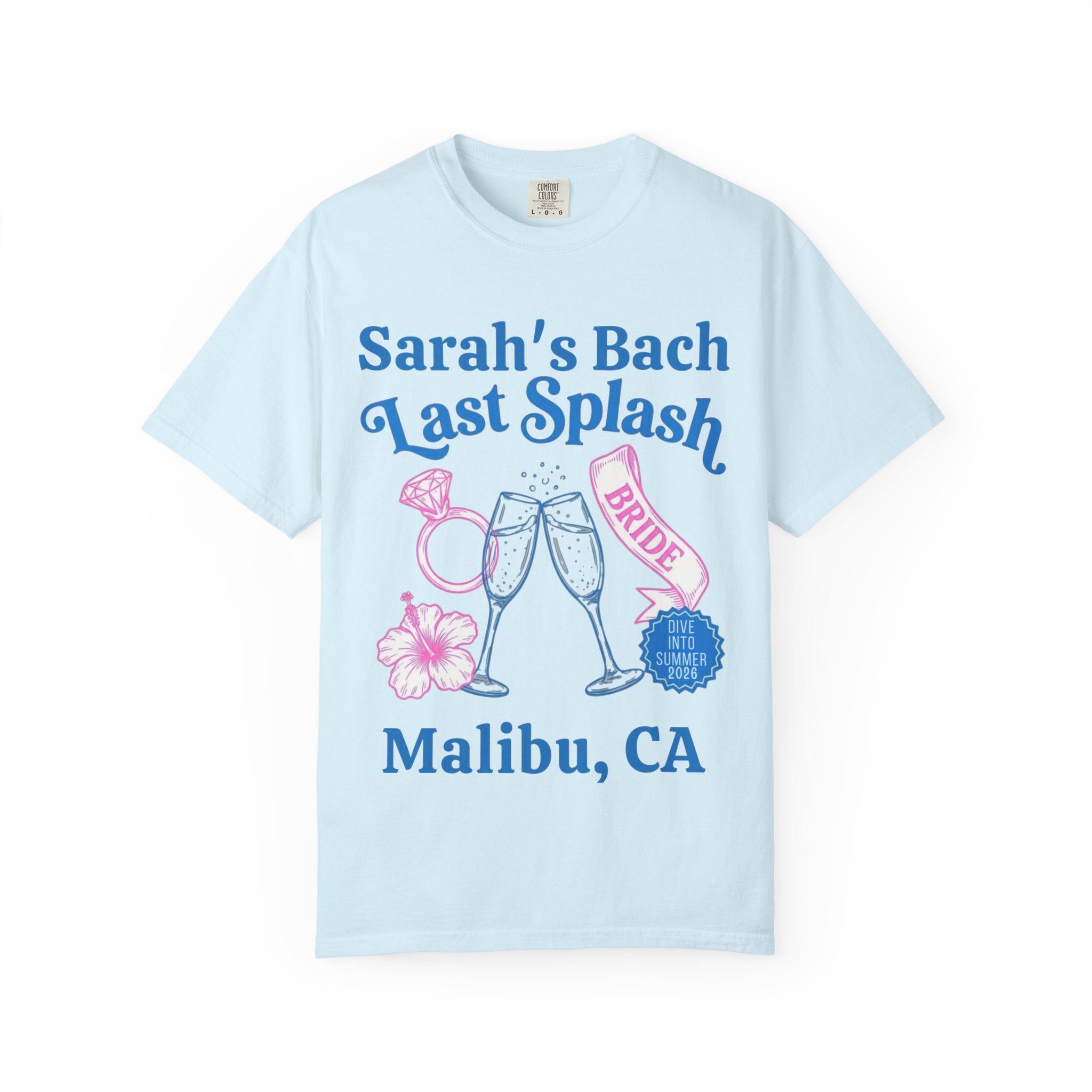 Blue t-shirt with "Sarah's Bach Last Splash" text, rings, and champagne glasses.