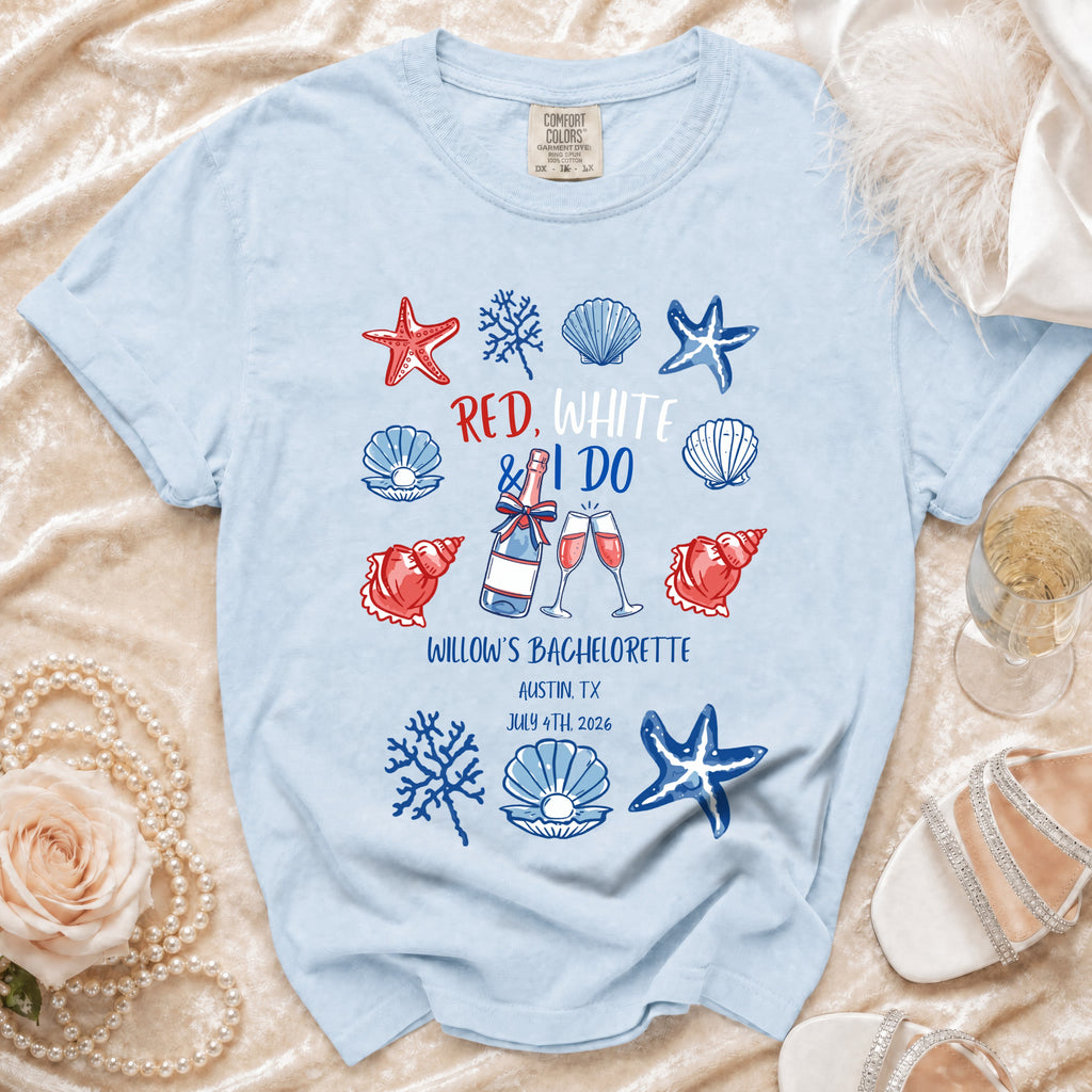 Light blue t-shirt with "Red, White & I Do" and bachelorette details.