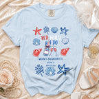 Light blue t-shirt with "Red, White & I Do" and bachelorette details.