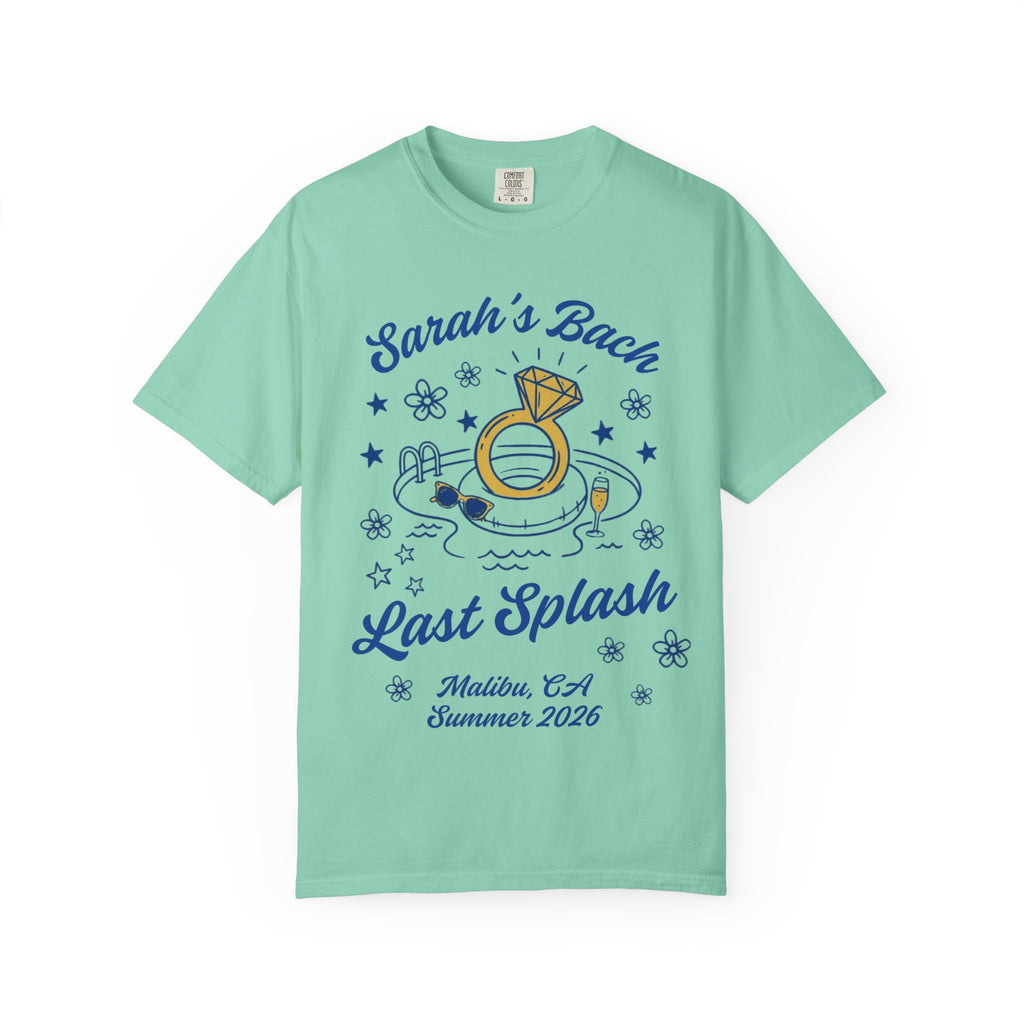 Sarah's Bach Last Splash tee, Malibu CA Summer 2026, with ring and pool.