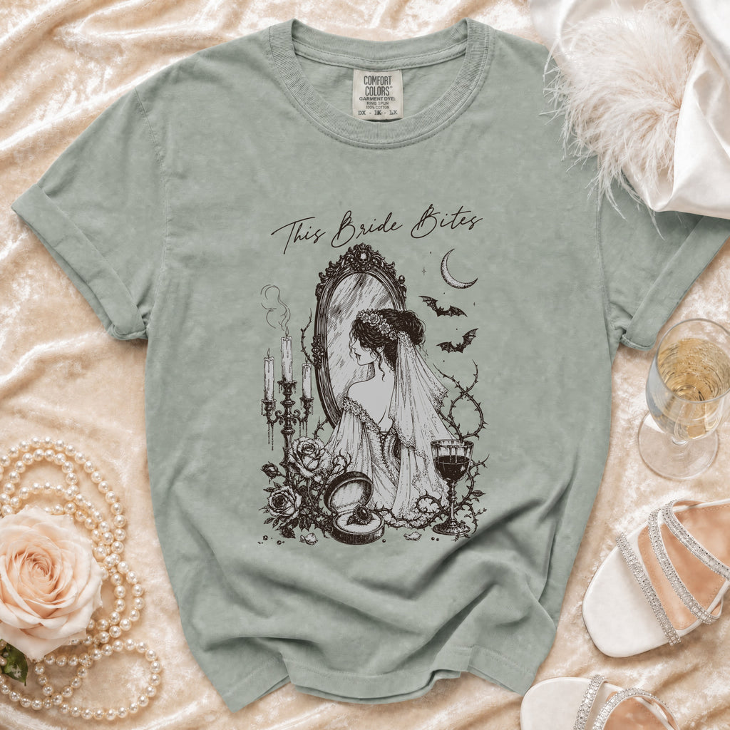 T-shirt with "This Bride Bites" text and a gothic bride illustration.