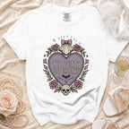White t-shirt with a heart-shaped graphic that reads "Til Death Do Us Part."