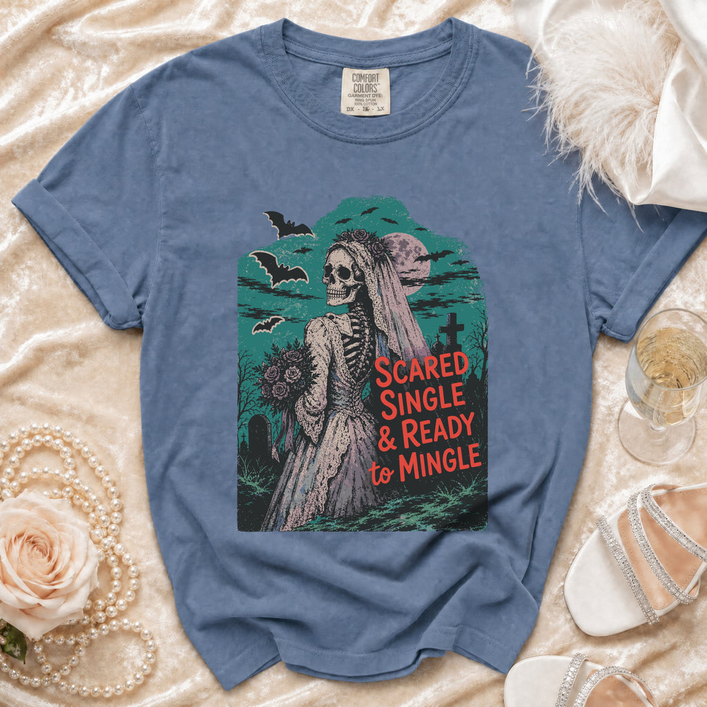 Blue t-shirt with skeleton bride graphic and text "Scared Single & Ready to Mingle".