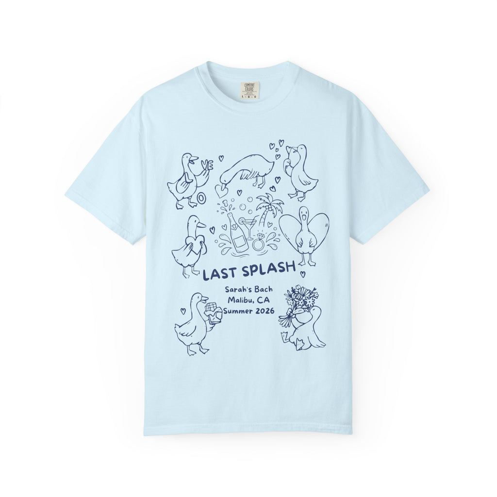 Light blue t-shirt with "Last Splash" and duck illustrations for a bachelorette party.