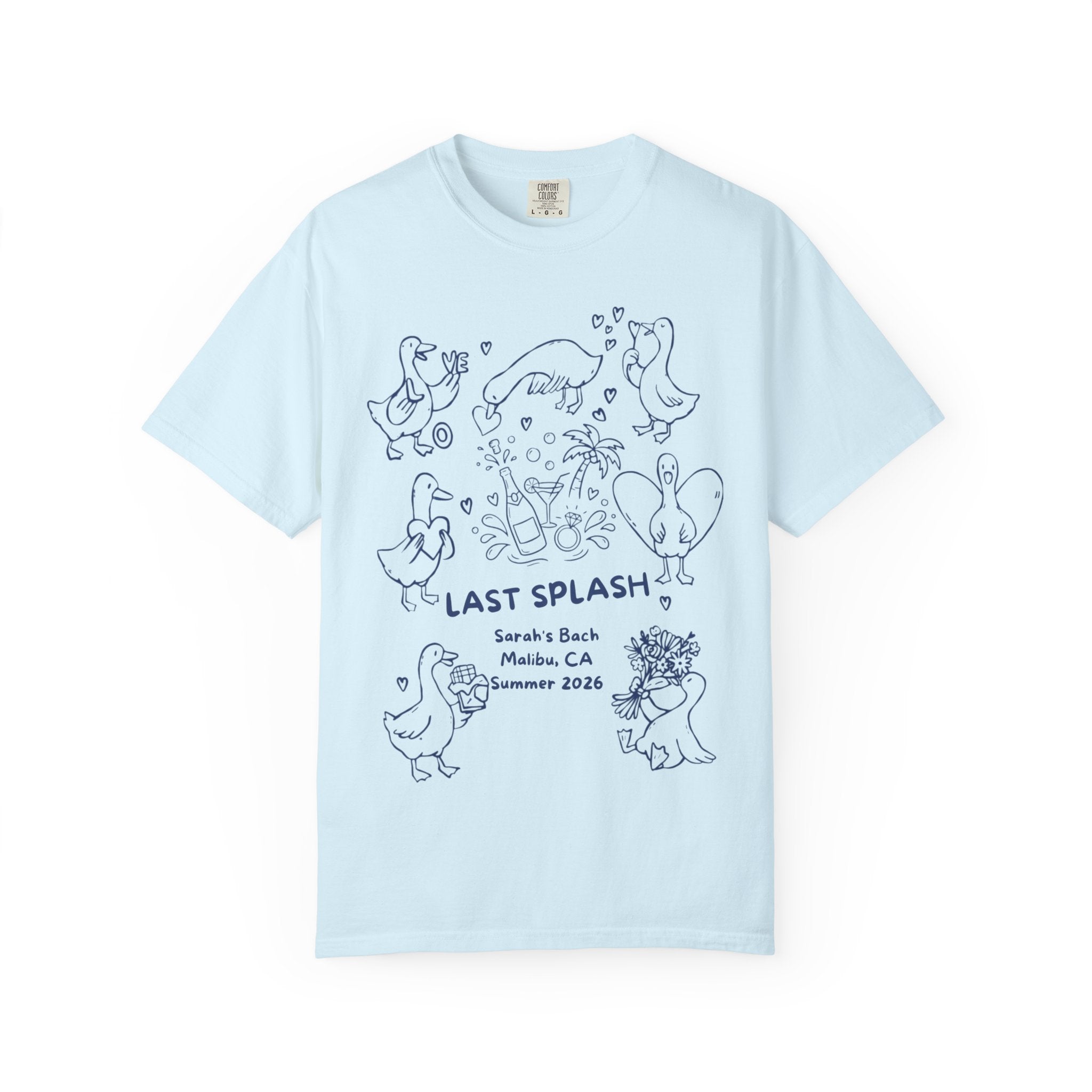 Light blue t-shirt with "Last Splash" and duck illustrations for a bachelorette party.