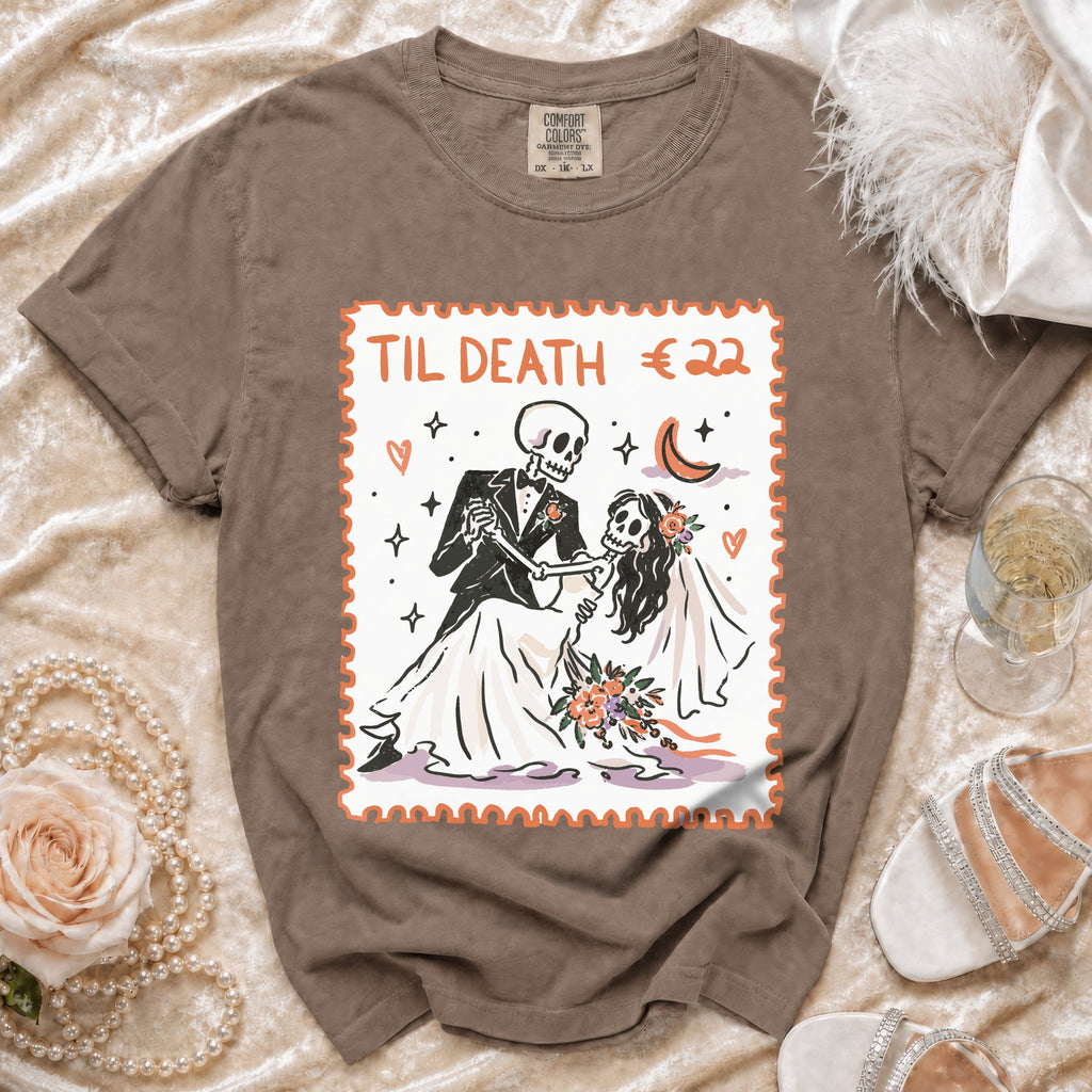 Brown t-shirt with "Til Death €22" design featuring skeletons at a wedding.