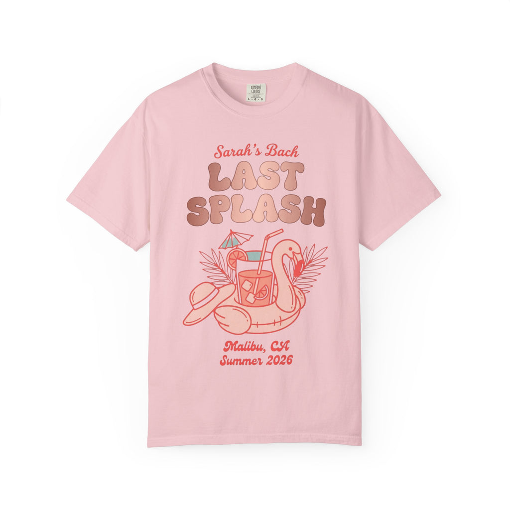 Pink t-shirt with "Sarah's Last Splash" graphic featuring flamingo float and tropical drink.