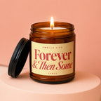 Amber jar candle with lit flame, "Forever & Then Some" slogan, and "VOWED" text.