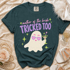 Teal t-shirt with ghost graphic saying "mother of the bride TRICKED TOO".