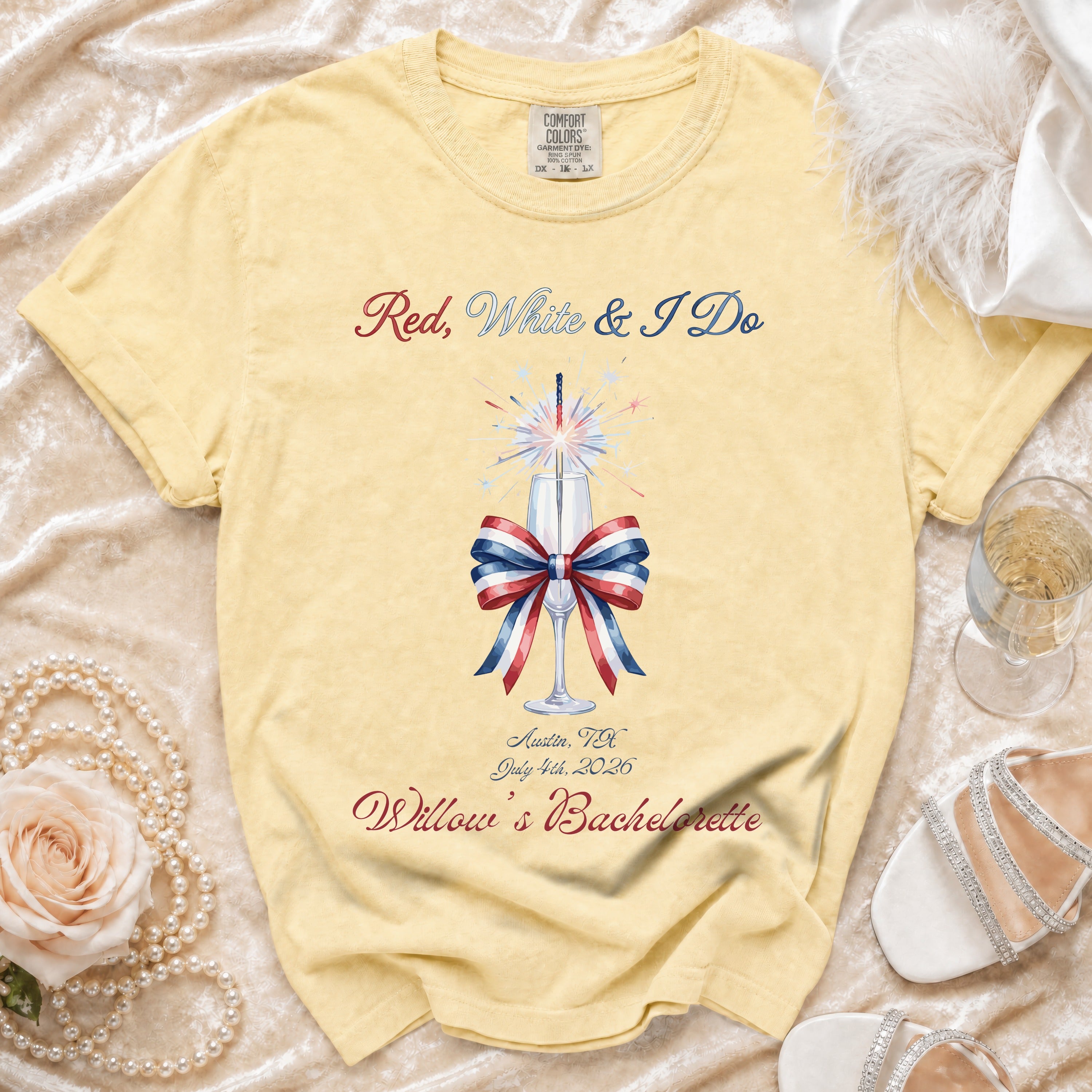 Yellow t-shirt with "Red, White & I Do" and bachelorette details.