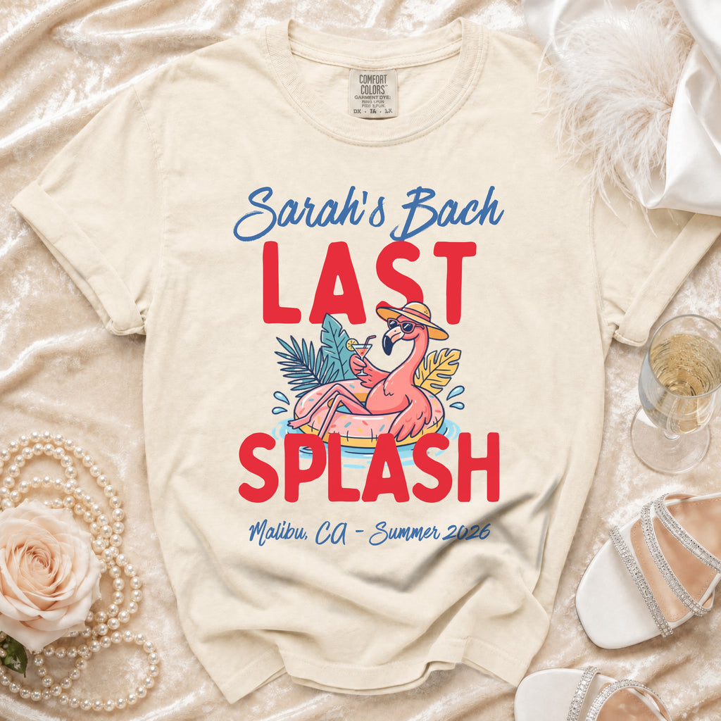 Cream t-shirt with "Sarah's Bach LAST SPLASH Malibu, Ca-Summer 2026" and flamingo graphic.