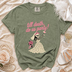 Green t-shirt with "till death, do us party!" text and skeleton bride graphic.