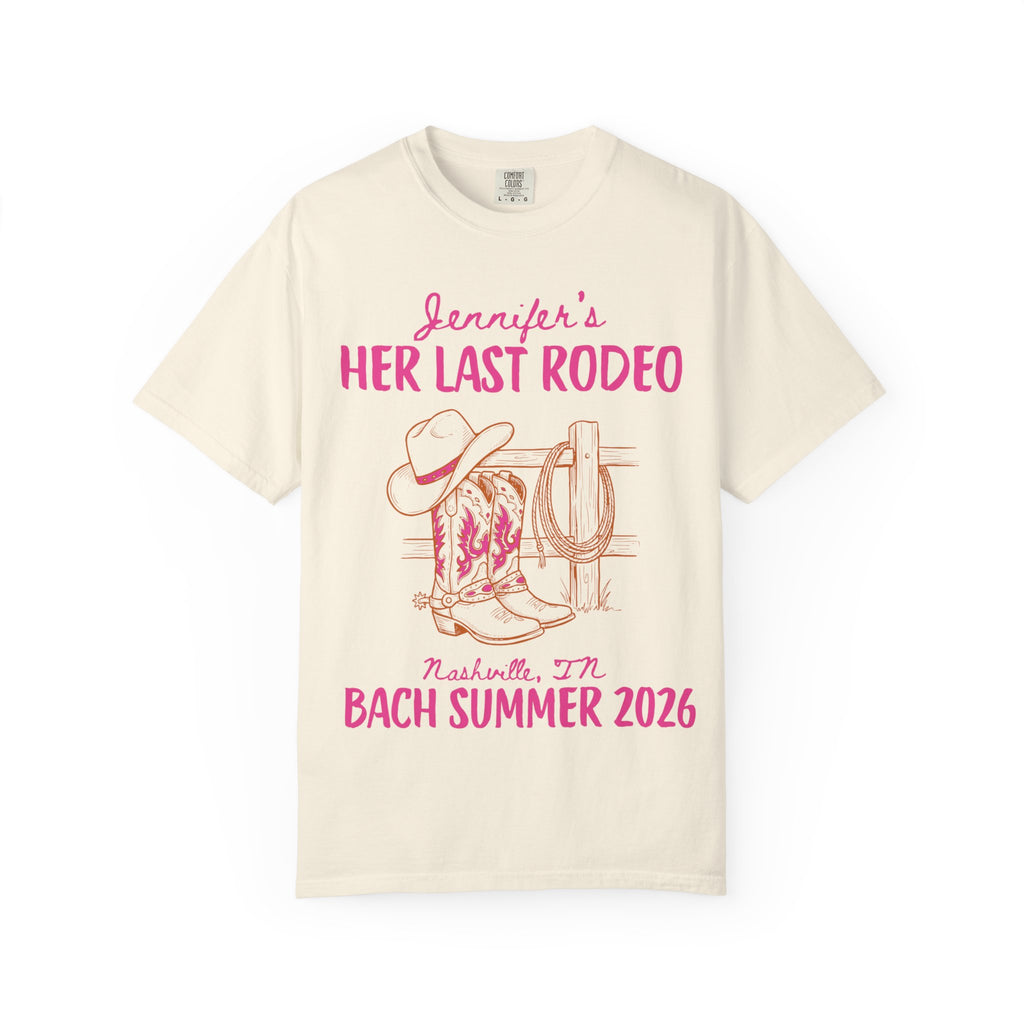 T-shirt with cowboy boots, hat, rope, and text "Jennifer's Her Last Rodeo, Nashville, TN Bach Summer 2026".