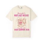 T-shirt with cowboy boots, hat, rope, and text "Jennifer's Her Last Rodeo, Nashville, TN Bach Summer 2026".