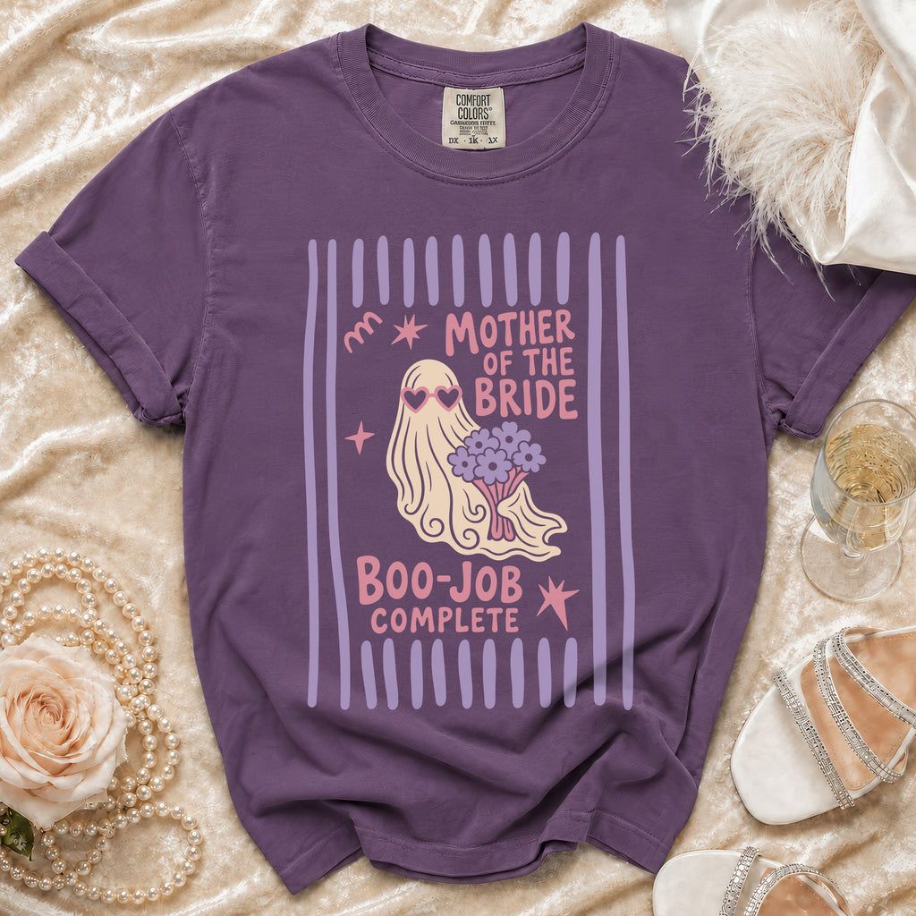 Purple t-shirt with ghost graphic that reads "Mother of the Bride Boo-Job Complete".