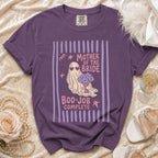 Purple t-shirt with ghost graphic that reads "Mother of the Bride Boo-Job Complete".