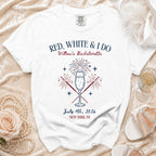 White t-shirt for Willow's Bachelorette with "Red, White & I Do" and fireworks.
