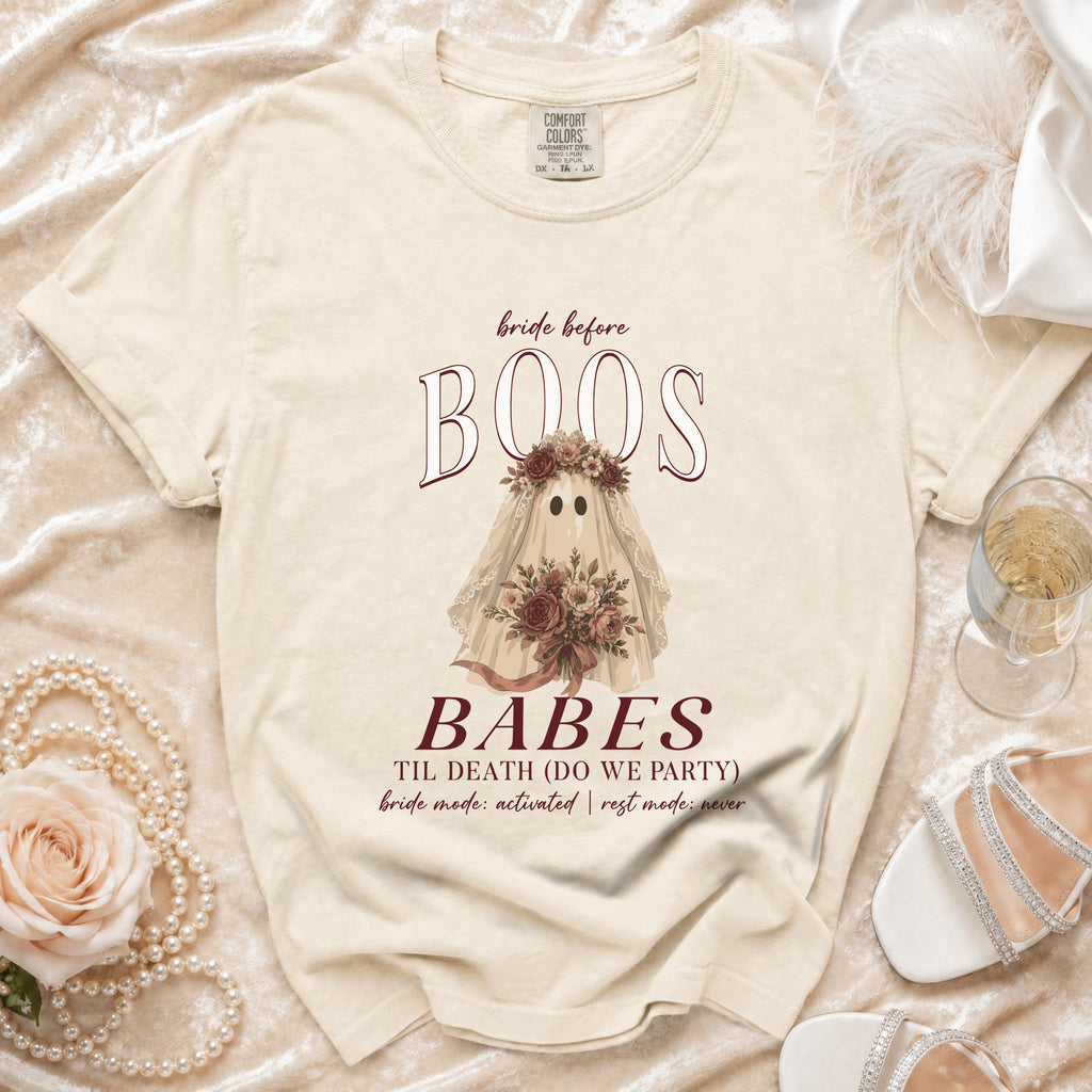 Cream t-shirt with ghost bride graphic and text "bride before BOOS BABES TIL DEATH (DO WE PARTY)".