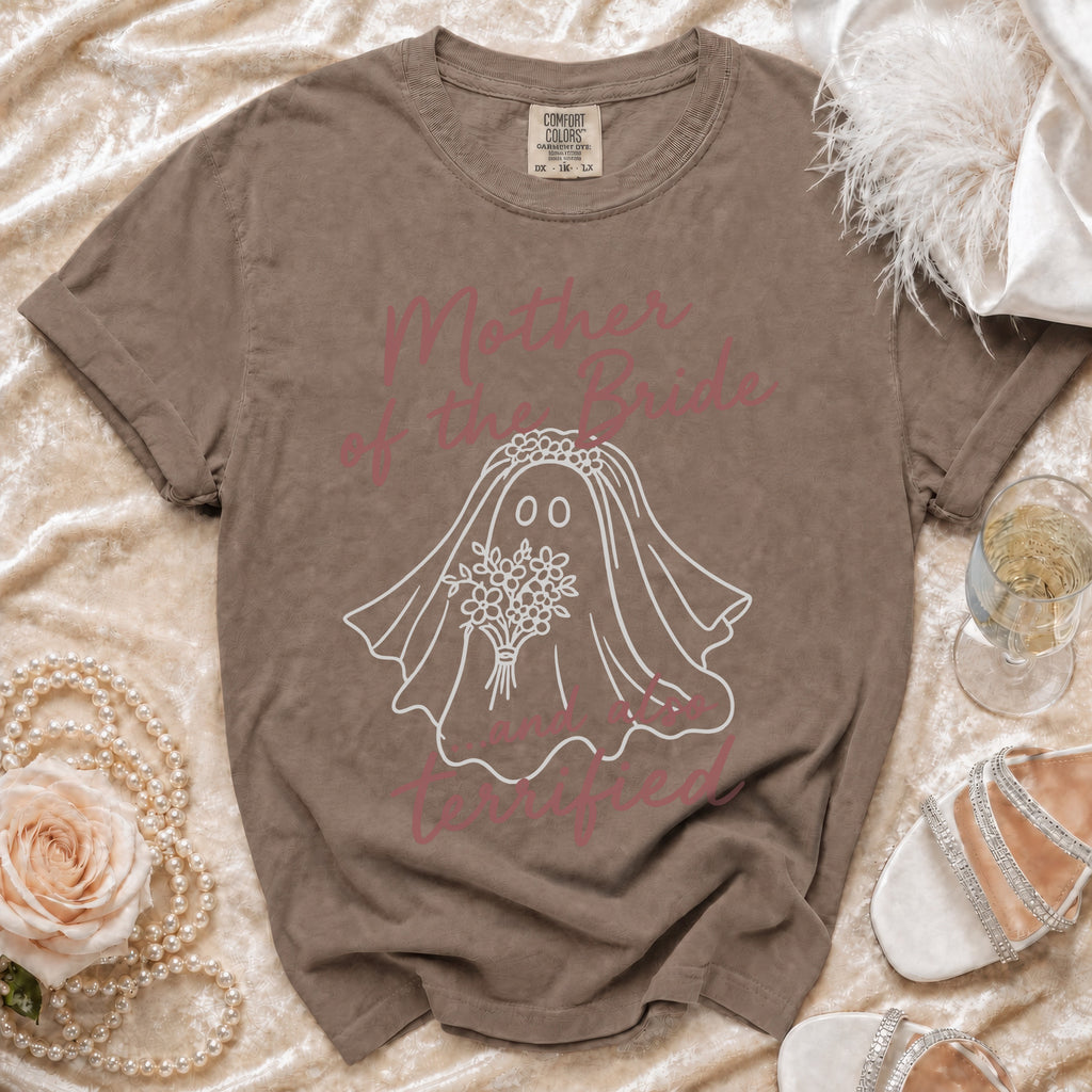 Brown t-shirt with ghost bride and text "Mother of the Bride...and terrified."
