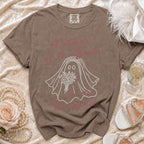 Brown t-shirt with ghost bride and text "Mother of the Bride...and terrified."