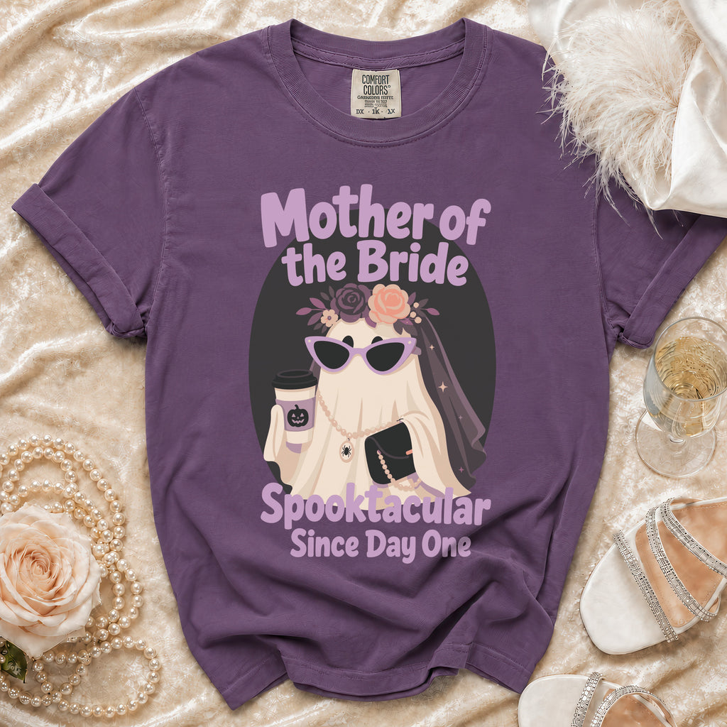 Purple t-shirt with "Mother of the Bride Spooktacular Since Day One" graphic.