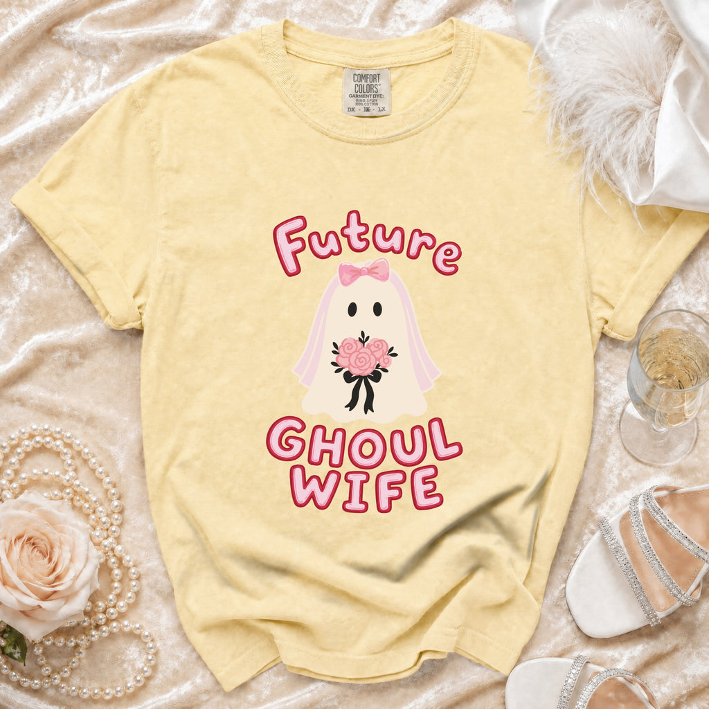 Yellow t-shirt with ghost graphic saying "Future Ghoul Wife."