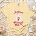 Yellow t-shirt with ghost graphic saying "Future Ghoul Wife."
