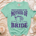 Mint green t-shirt with purple "Proud Member of the Mother of Bride Est. 2026 #Boojee" text.
