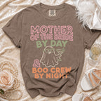 Brown t-shirt with "Mother of the Bride By Day & Boo Crew By Night" text and ghost graphic.