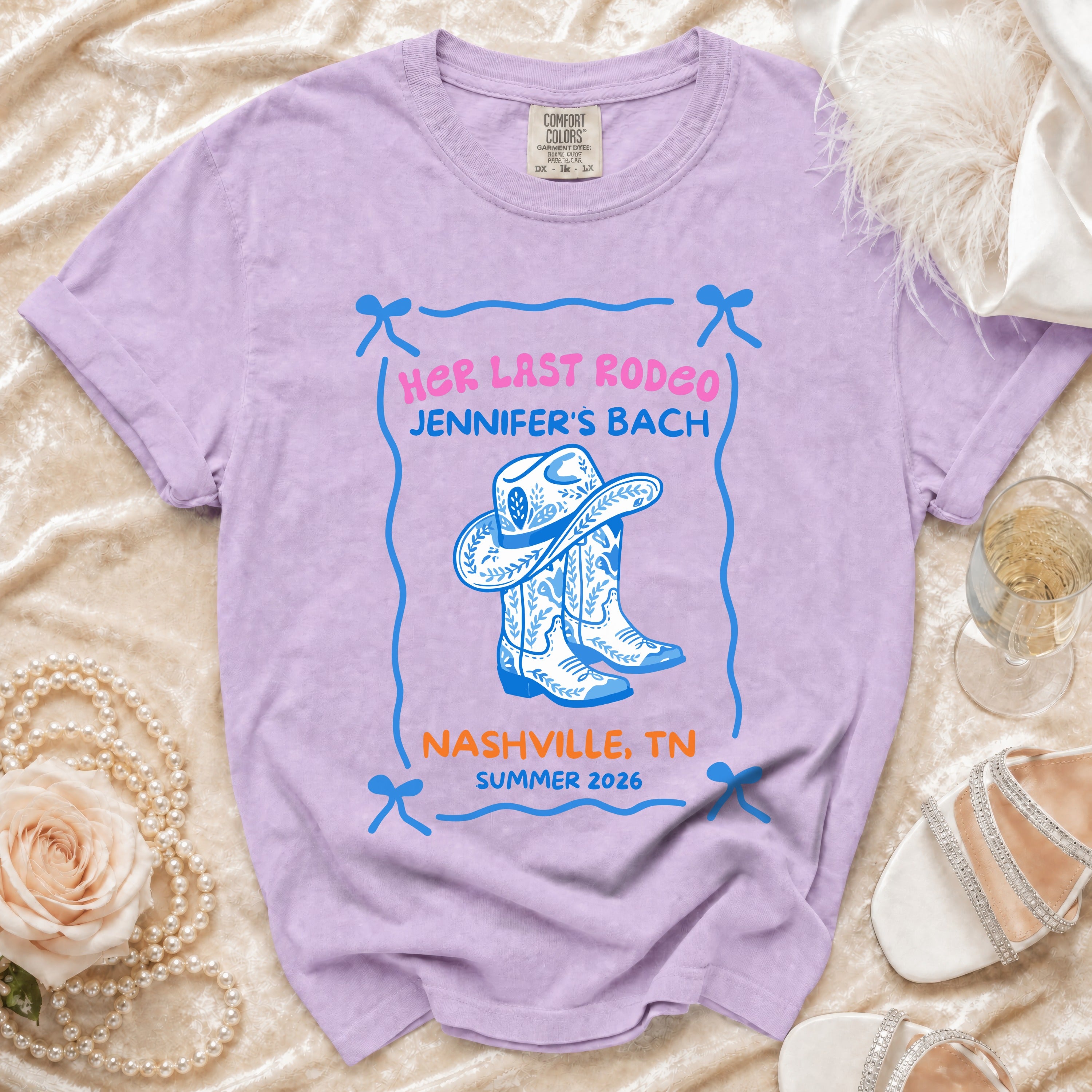 Purple t-shirt with "Her Last Rodeo Jennifer's Bach Nashville, TN Summer 2026".