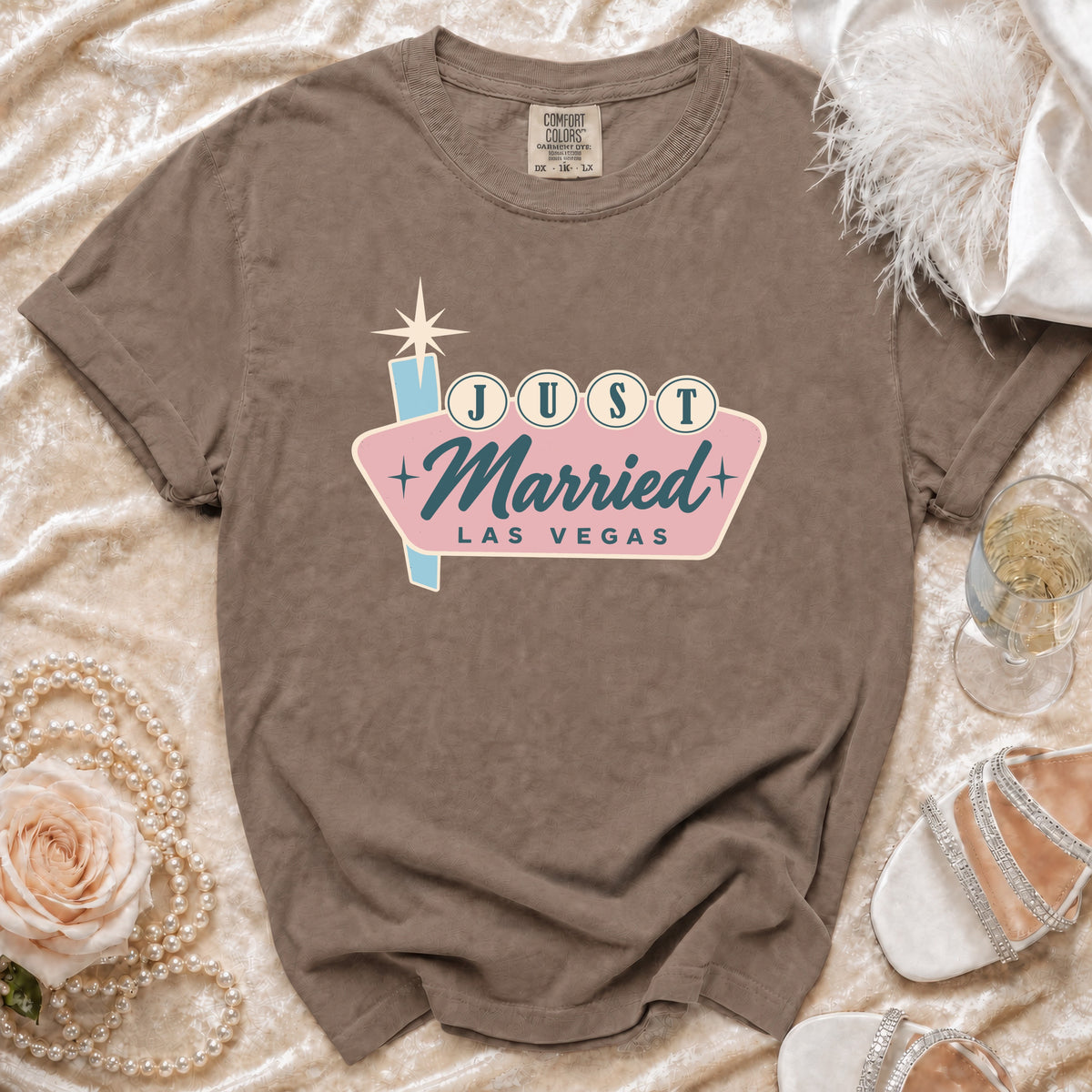 Comfort Colors brown t-shirt with "Just Married Las Vegas" graphic.