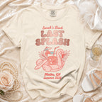 Cream t-shirt with "Sarah's Last Splash Malibu, CA Summer 2026" text.