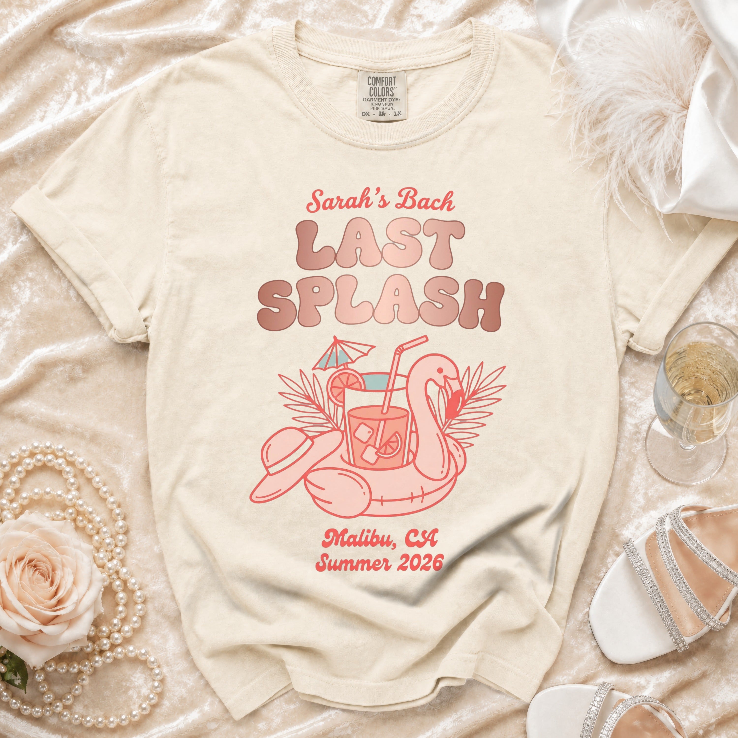 Cream t-shirt with "Sarah's Last Splash Malibu, CA Summer 2026" text.