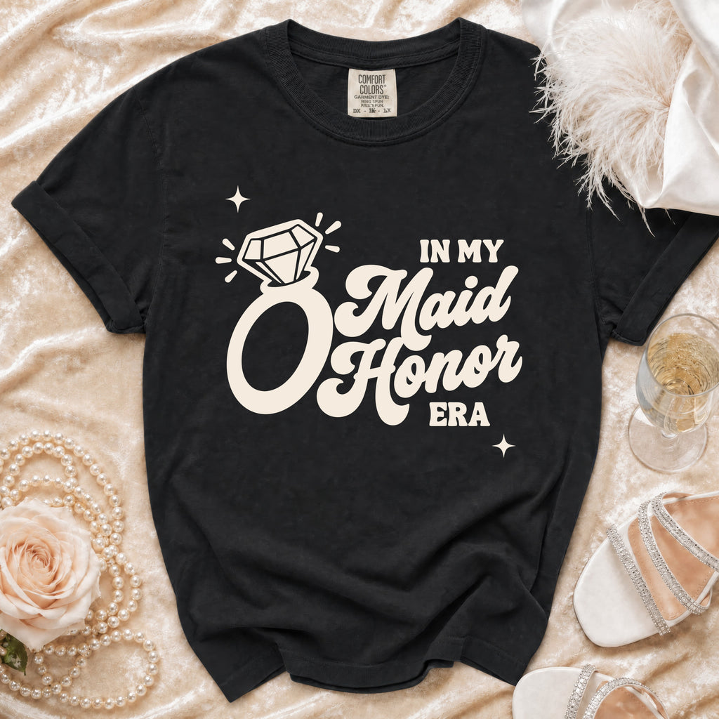 Black t-shirt with "In My Maid Honor Era" text and a ring graphic.