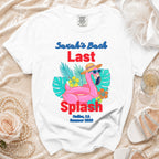 White t-shirt with "Sarah's Bach Last Splash Malibu, CA Summer 2026" and flamingo graphic.