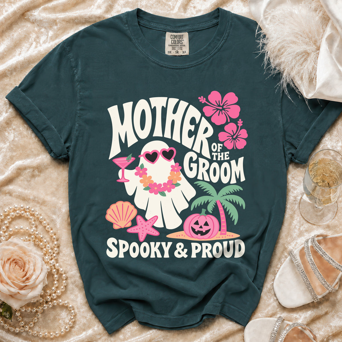Teal t-shirt with "Mother of the Groom Spooky & Proud" text, featuring a ghost.