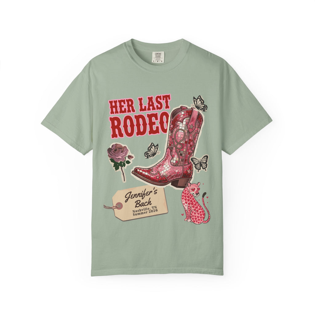 Cowboy boot with "Her Last Rodeo" text and butterfly graphics.